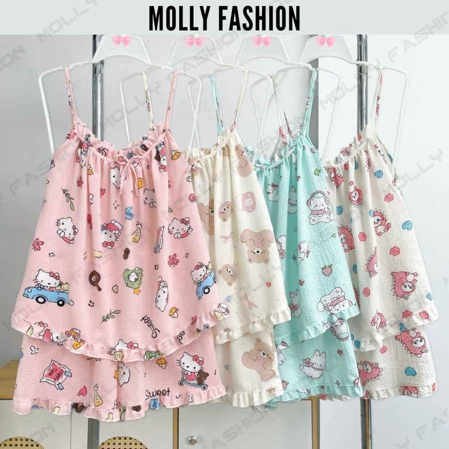 Đồ bộ ngủ hai dây đũi xốp BUNNY freesize 40-58kg | Set đồ ngủ mặc nhà họa tiết Molly Fashion