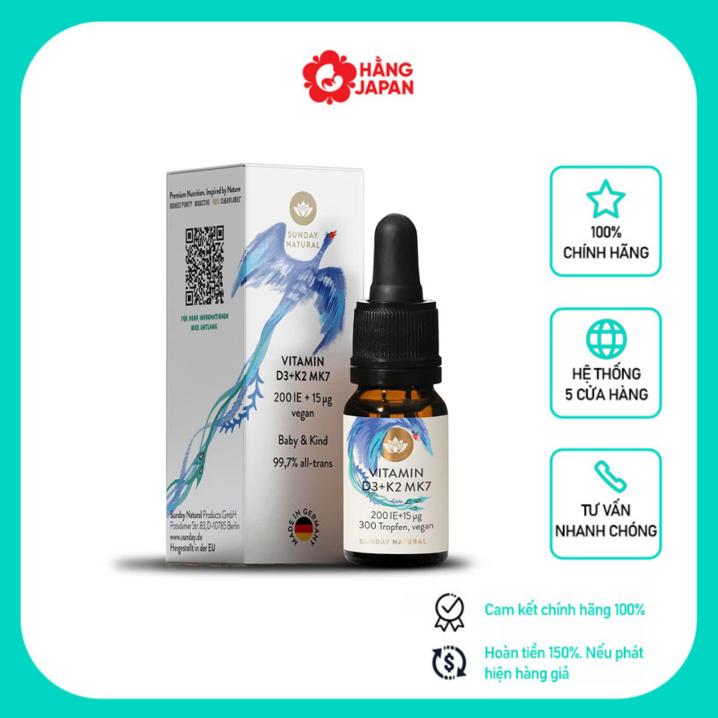 [Mẫu mới] Vitamin D3K2 Đức D3 K2 Sunday Natural 10ml ( Tặng thìa ) Cho Trẻ Từ Sơ Sinh Đến 4 Tuổi