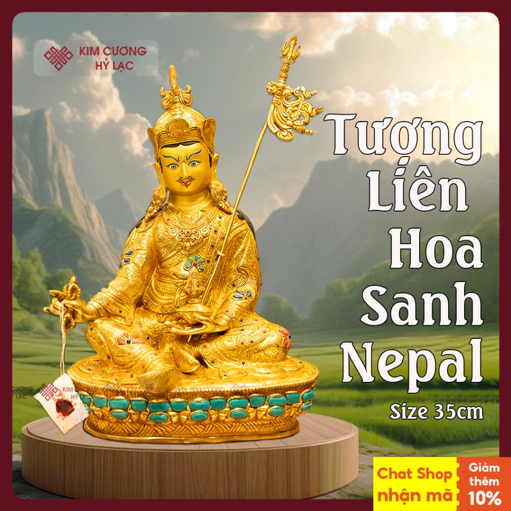 Tượng Liên Hoa Sanh  Đồng Mạ Vàng Nepal [Mật Tông Việt Nam] Tượng Phật Mật Tông Chế Tác Nepal 35cm