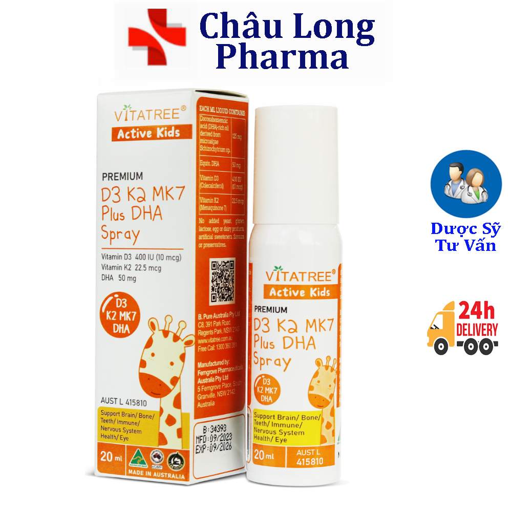 Vitamin D3K2 MK7 Vitatree Plus DHA dạng xịt 20ml giúp trẻ phát triển não bọ và chiều cao