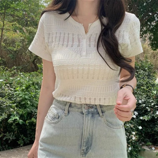 Áo dệt kim nữ mùa hè tay ngắn dáng baby tee kiểu cổ V len mongtoghi lưới mát mẻ thời trang Hàn Quốc