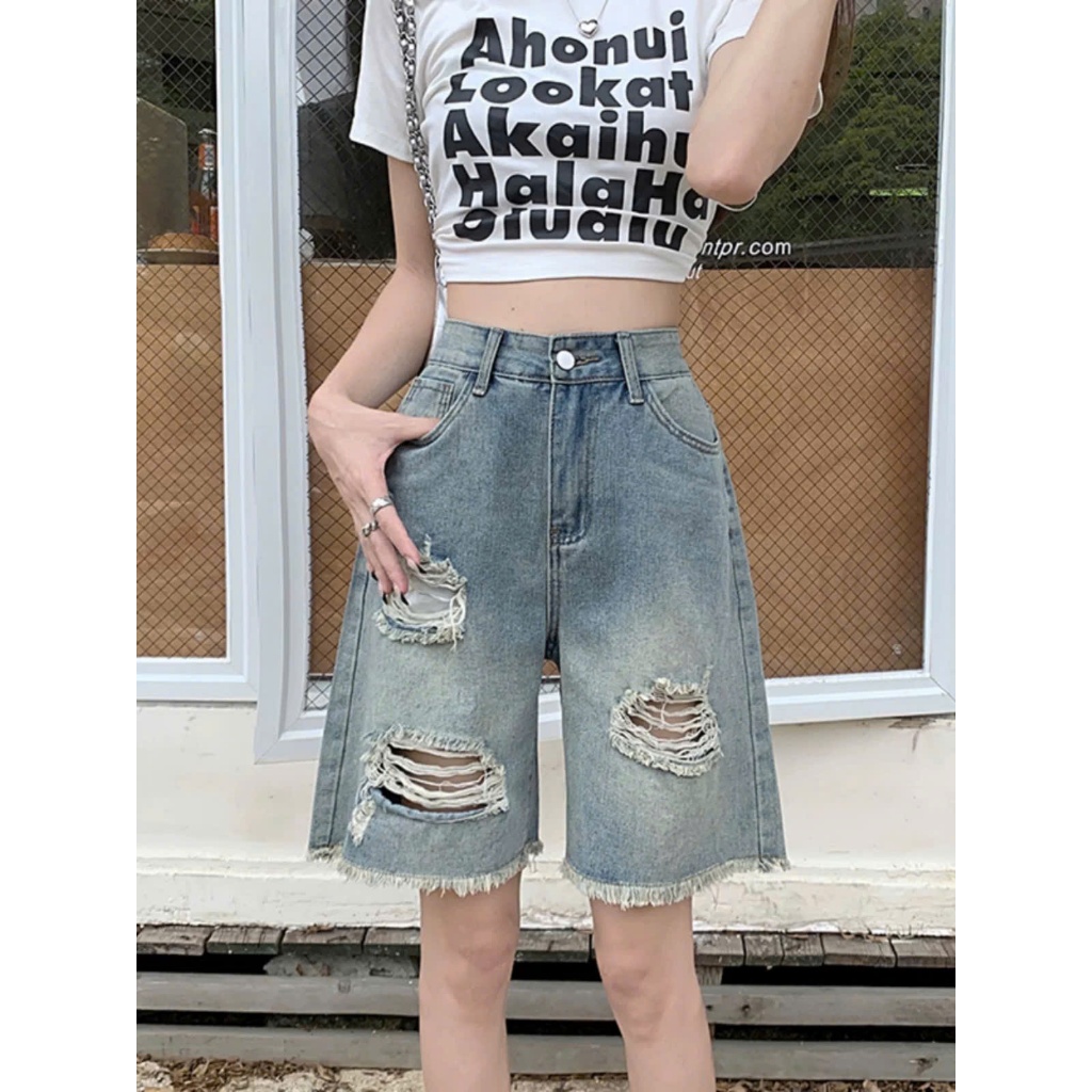 Quần jeans ngố rách ống rộng tua gấu thời trang, quần bò nữ form lửng phong cách năng động ED16 | BigBuy360 - bigbuy360.vn