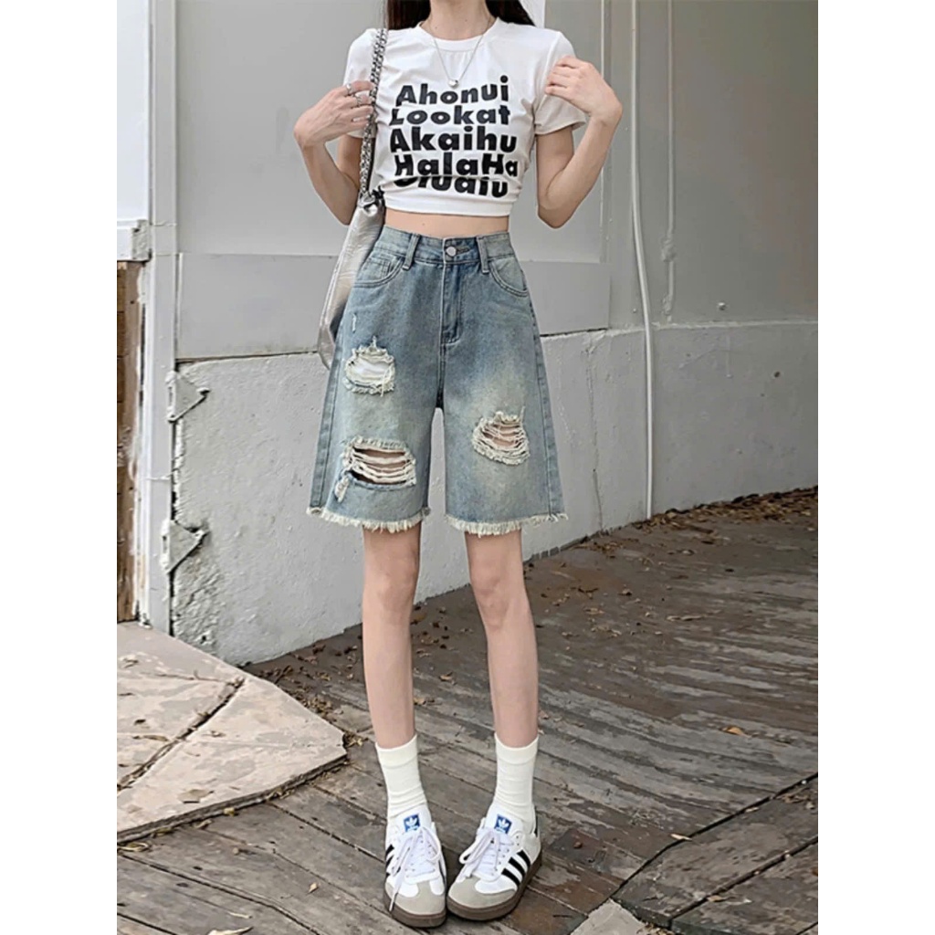 Quần jeans ngố rách ống rộng tua gấu thời trang, quần bò nữ form lửng phong cách năng động ED16 | BigBuy360 - bigbuy360.vn