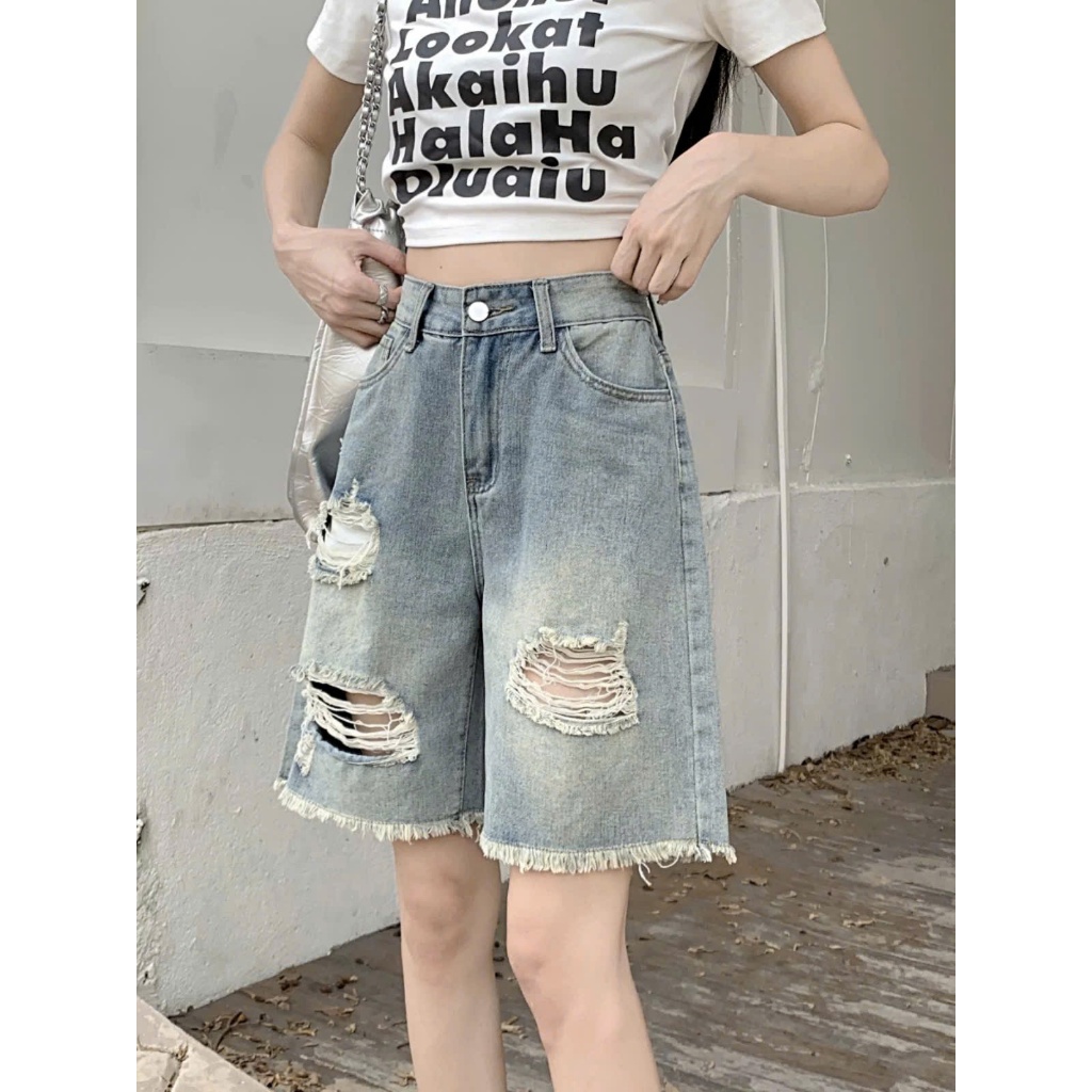 Quần jeans ngố rách ống rộng tua gấu thời trang, quần bò nữ form lửng phong cách năng động ED16 | BigBuy360 - bigbuy360.vn