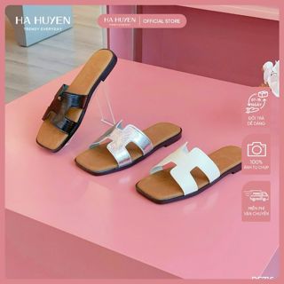 Dép bệt nữ, dép đi biển nữ HÀ HUYỀN da lì quai da chữ H lót màu nâu cao 2cm - DE716