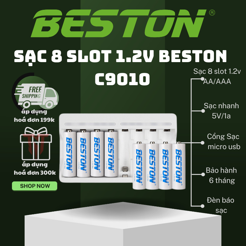 Bộ Sạc 8 pin AA AAA Beston C9010 cho pin sạc công suất lớn, có tính năng sạc nhanh, đèn báo