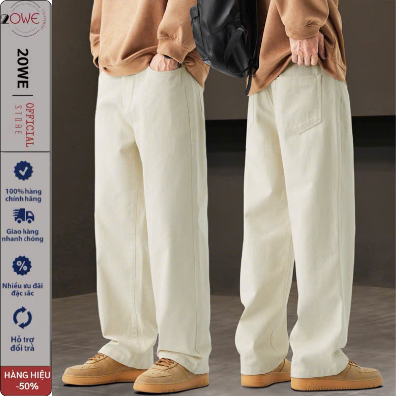 Quần Jean Trắng Nam Ống Rộng SR02 Dáng Suông, Quần Bò Nam Be Kem Chất Jean Dày Dặn Phong Cách Hàn Quốc 2025 - 20WE