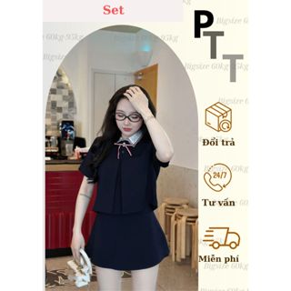 (BIGSIZE 60-90KG) Set bộ cổ sơ mi phối viền cổ chân váy A 2025 cỡ đại đi học, đi làm, đi chơi