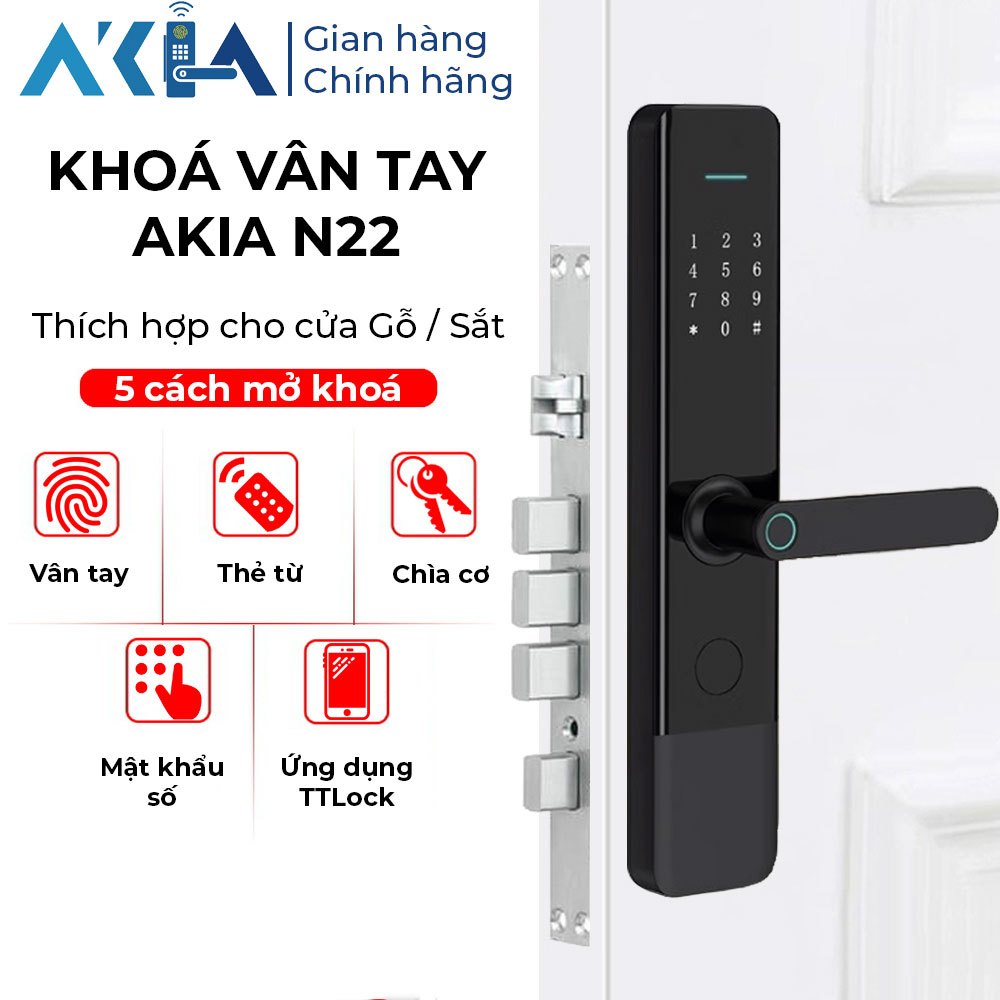 Khoá vân tay AKIA N22 cho cửa gỗ - 5 cách mở khoá, Kết nối app TTLock, Lõi khoá cứng cáp, Bảo hành 2