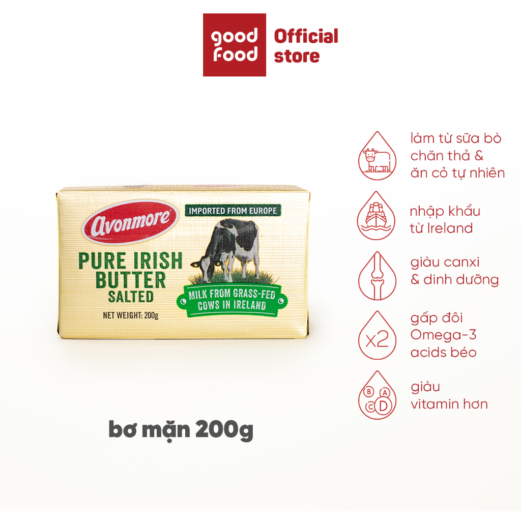 Bơ mặn cao cấp Avonmore nhập khẩu Ireland, bổ sung gấp đôi Omega-3 từ sữa bò nguyên chất - 200g