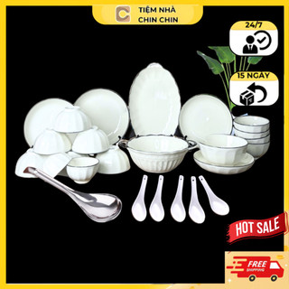  Bộ Chén Đĩa Sứ Trắng Gân Sọc Mới Bộ đồ Ăn Bát Tràng Bát Ăn Cơm Tặng Thêm 5 Thìa Sứ Và 1 Muôi Canh Inox 
