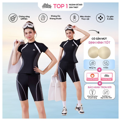Bộ đồ bơi Nữ BIKINI PASSPORT kiểu Hai mảnh tay ngắn quần lửng Athleisure - Đen Xám - BS1040_BL