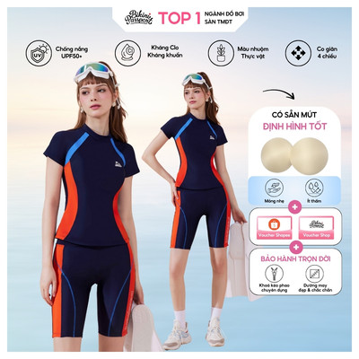 Bộ đồ bơi Nữ BIKINI PASSPORT kiểu Hai mảnh tay ngắn quần lửng Athleisure - Xanh Đỏ - BS1040_NV