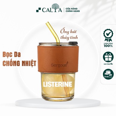 Ly Thủy Tinh Logo Listerine Bọc Da, Kèm Ống Hút Thủy Tinh 450ml