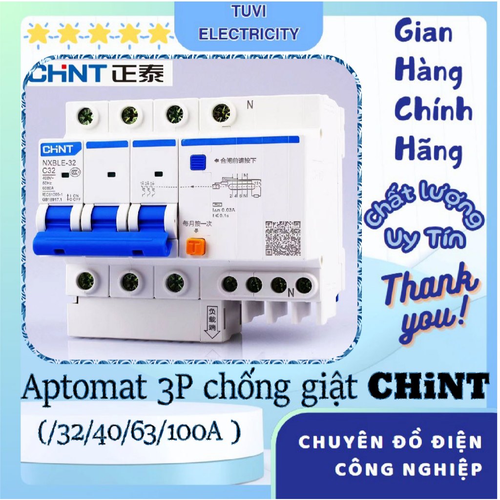 Aptomat chống giật CHiNT 3P+N, Át chống giật 3 pha 32A 40A 63A 100A CHiNT, Aptomat 3 pha chống giật 