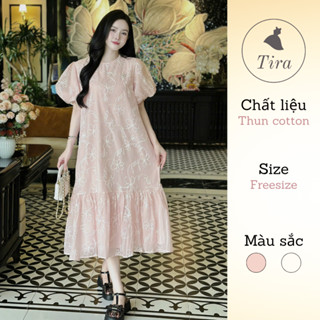 Váy voan TIRA MAMA V1969 Váy bầu xinh công sở dáng dài thêu hoa tay bồng đuôi cá mặc dự tiệc đi chơi