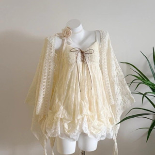  Set Đầm Babydoll Ren Vintage Nữ Tính Kèm Áo Choàng Lưới Phong Cách Mùa Hè Thời Trang Đi Biển Cá Tính 