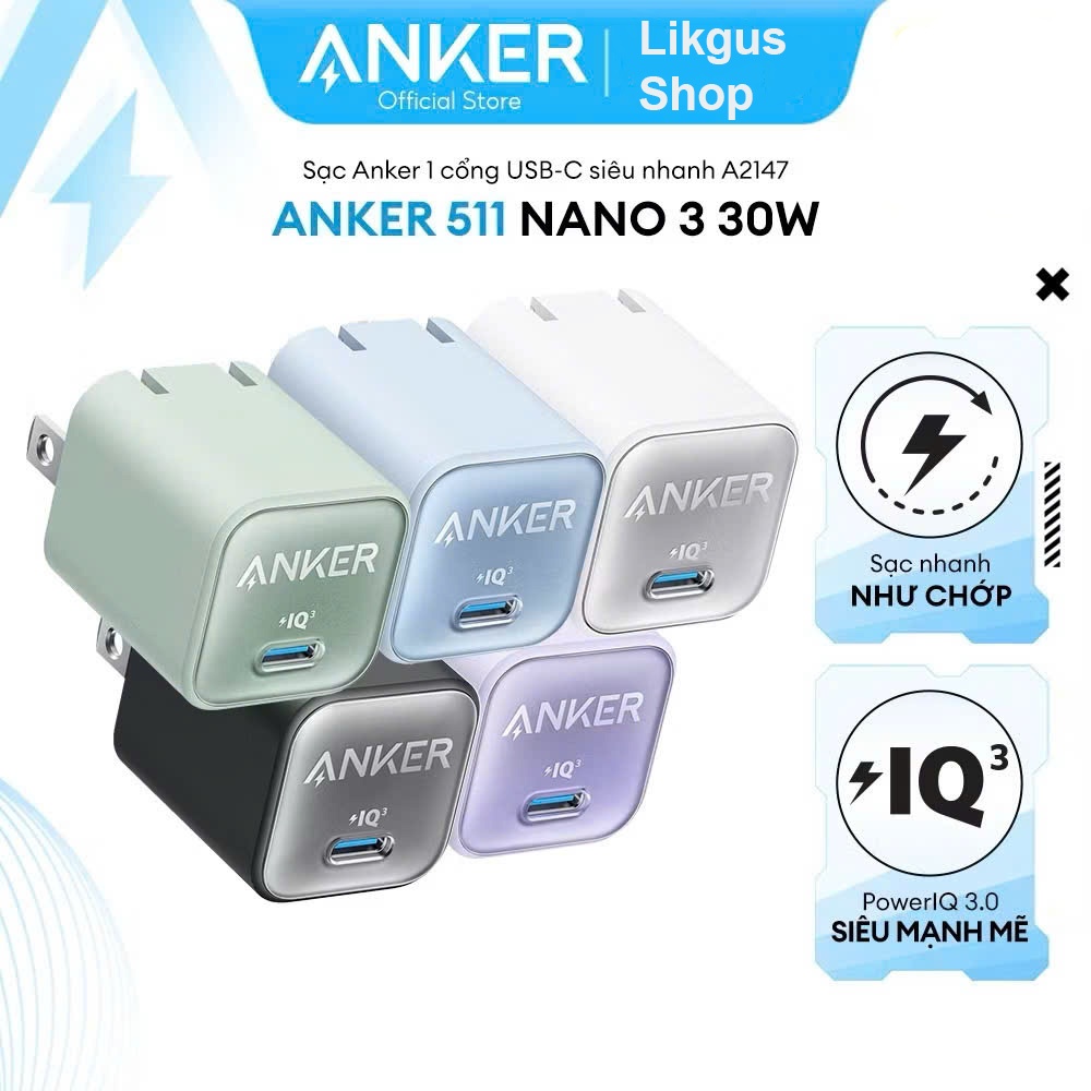 Củ sạc nhanh Type C ANKER 30W PowerPort Nano 3 Gan Pro 511 Cổng USB-C - A2147 Đen Xanh Tím Trắng