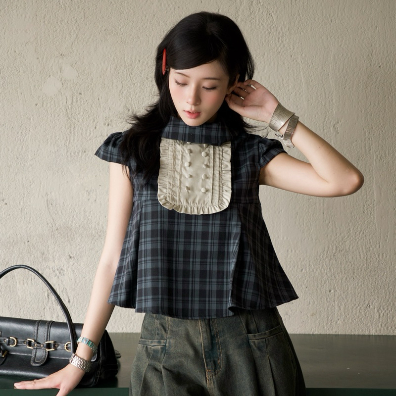 Leya checked top | Áo kiểu caro kèm miếng cổ tuxedo rời Mania Cutie