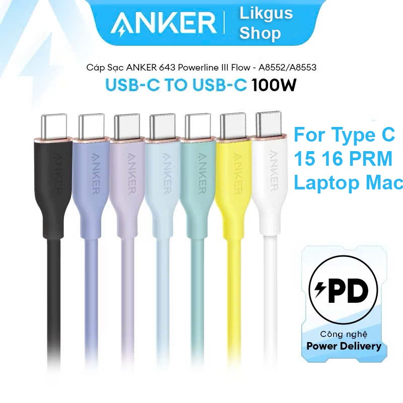 Cáp sạc nhanh Type C ANKER Flow Tím Đen C to C 100W Siêu Dẻo Siêu Bền cho 15PRM 16PRM  - A8552 A8553