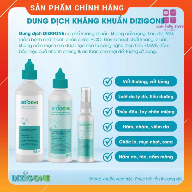 Dung dịch xịt Kháng khuẩn Dizigone, lành vết thương, tái tạo da ngăn ngừa sẹo cho bé 100ml / 300ml /