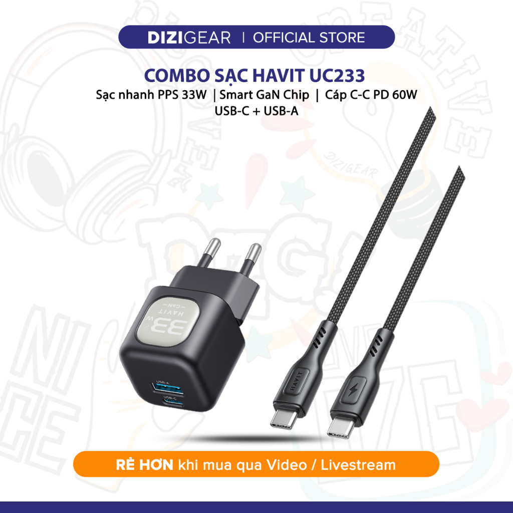 Combo Cốc - Cáp Sạc Nhanh HAVIT UC233, Sạc Nhanh PD 30W + USB-A 30W, Cáp C-C PD 60W - BH 12 Tháng