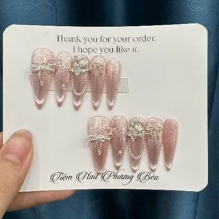 C117 Nailbox thiết kế Móng tay giả phom nhọn nền thạch hồng full mắt mèo đính cham đá tiểu thư