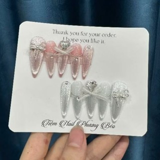  C118 Nailbox thiết kế phom nhọn full mât mèo đính nơ đá trái tim công chúa 