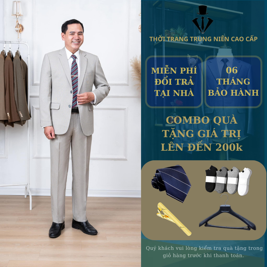 Bộ Vest Nam Trung Niên, Vest nam Trung Tuổi dáng suông hai khuy, hàng xuất khẩu cao cấp ( Tặng Calavat )