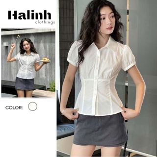 Áo sơ mi nữ cộc tay cổ ren có dây buộc lưng tay bồng chất thô cotton mềm mát by Halinh M302