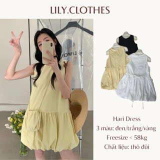 Lily.clothes- Hari Dress- Váy sát nách dáng quả bí bồng xoè hai lớp điệu đà chất thô đũi buộc eo kèm quần bảo hộ rời