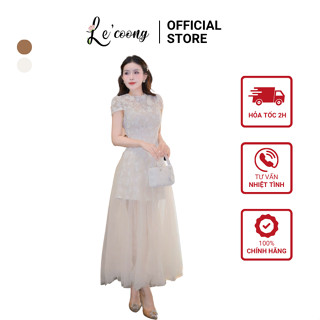 Đầm Maxi Lưới Xòe Phối Ren Thêu Nổi LECOONG V783 Đầm Thiết Kế Dáng Dài Đi Tiệc Hai Màu Nâu Be Sang Chảnh