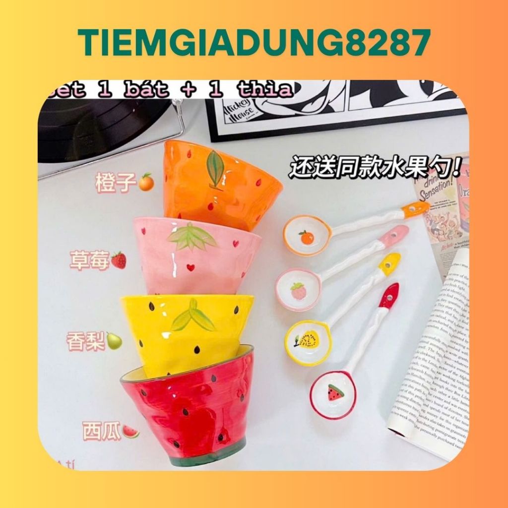 SET 1 BÁT + 1 THÌA SỨ HOẠ TIẾT HOA QUẢ SIÊU XINH - TIEMGIADUNG8287