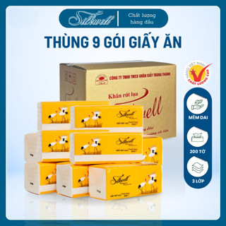  Thùng 9 gói Giấy ăn cao cấp Silkwell Sếu 200 tờ 3 lớp siêu dai mềm mịn Khăn giấy rút lụa Silkwell 