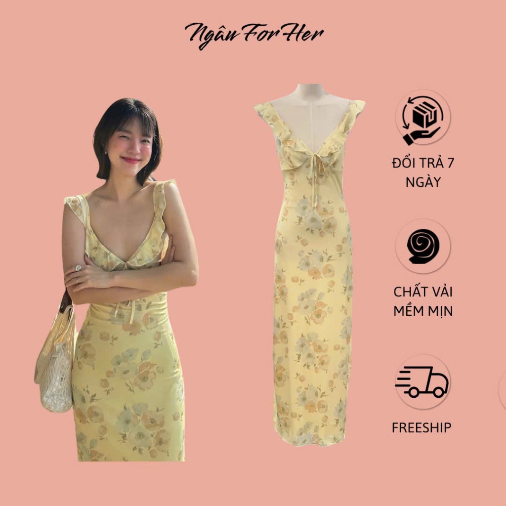  LINA DRESS- Đầm Mai Hai Dây Viền Bèo Hoạ Tiết Hoa Vàng Đi Biển Ngâu For Her 