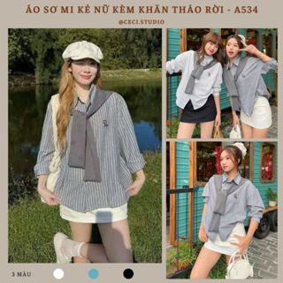 Áo Sơ Mi Nữ Dài Tay Thêu Chữ Kèm Khăn Chất Mát Sơ Mi Kẻ Kiểu Nữ Dáng Rộng Hàn Quốc - CECI.studio - A534