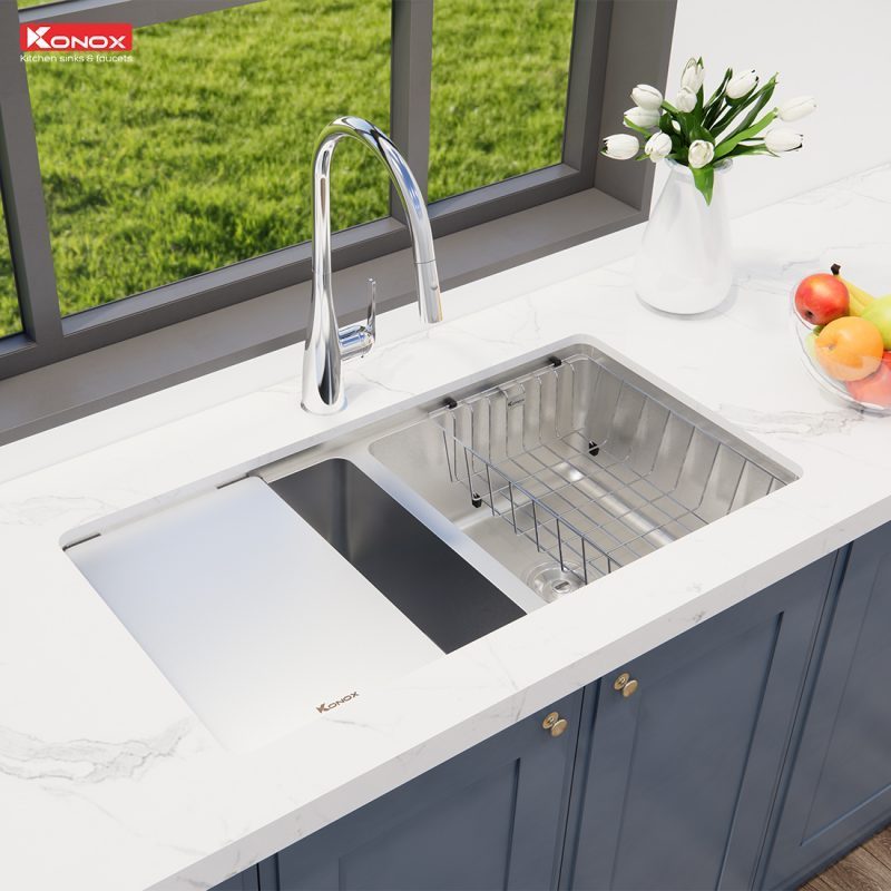 [CHÍNH HÃNG] [Kèm giá úp bát inox + thớt inox] Chậu rửa bát chống xước Workstation Sink KONOX KN8646