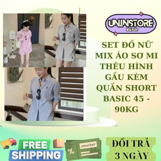 Set đồ nữ mix áo sơ mi kẻ sọc thêu hình gấu kèm quần short basic thời trang dành cho nữ freesize 45-90kg-Bs078