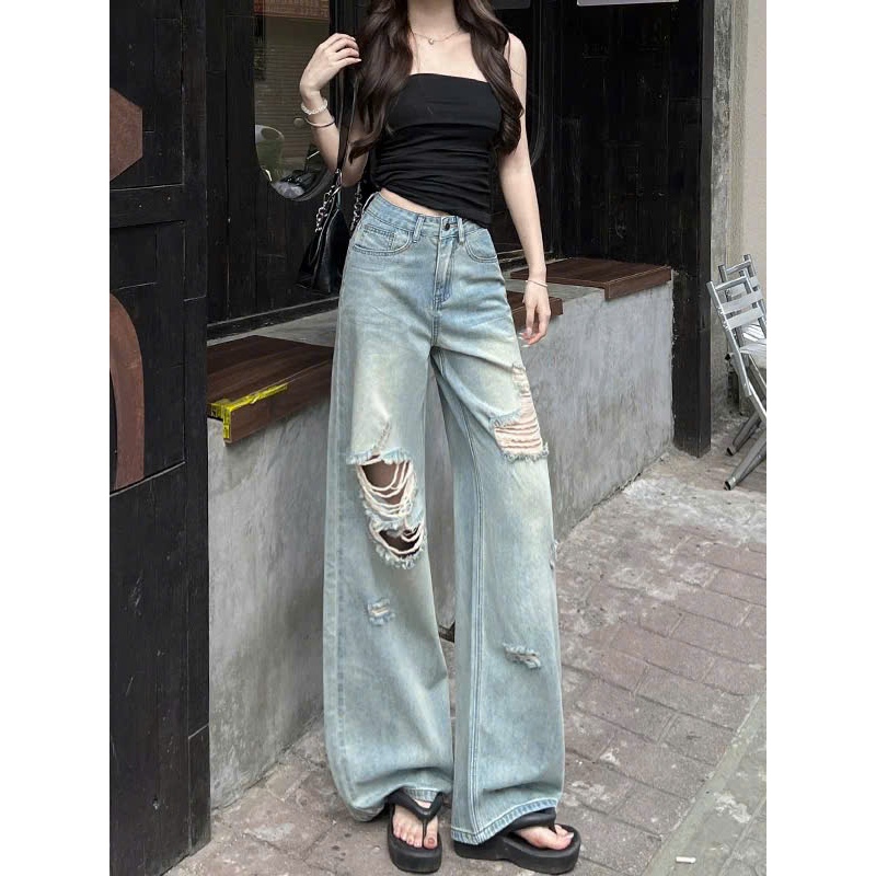Quần jean nữ ống suông rộng rách gối cá tính, quần bò nữ cạp cao hack dáng thời trang ED22 | BigBuy360 - bigbuy360.vn