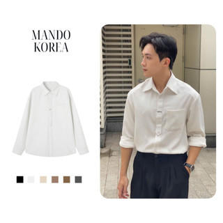  Áo Sơ Mi Metal-Shirt Giấu Cúc Tag Logo MANDO Kim Loại Màu Trắng Oversized MANDO KOREA - TSHT032 