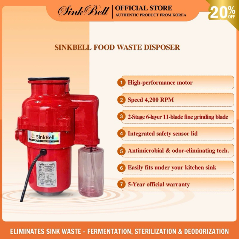 Sinkbell Kitchen Sink Food Waste Disposer from Korea | 11-Blade Multi-Grind | Odor Removal & Antibac