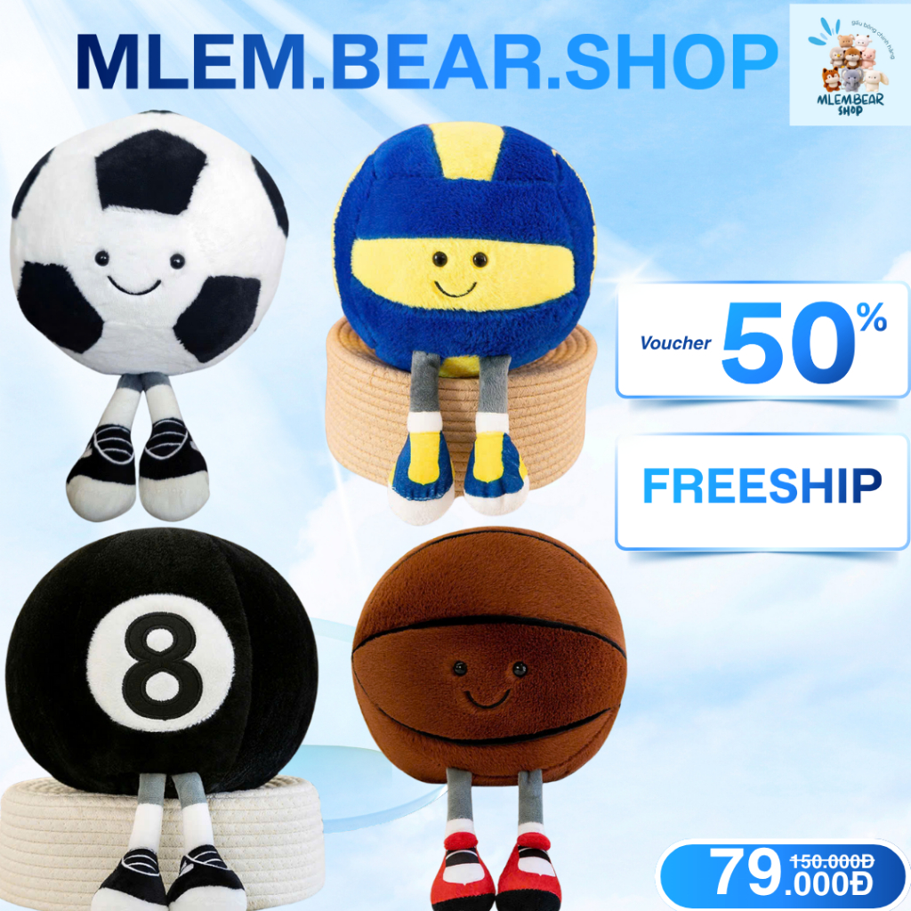 Gấu Bông Hình Quả Bóng Đá, Bóng Rổ, Bóng Bi-a – Gấu Bông Tròn Cute, Mềm Mịn, Ôm Ngủ Cực Phê