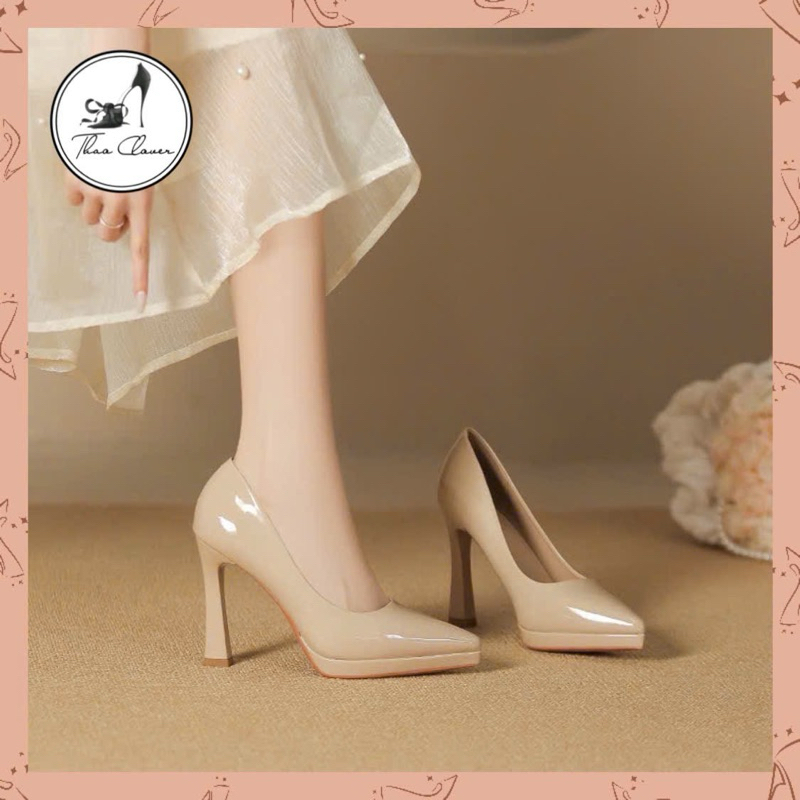 (FORM 1.5) Giày cao gót mũi nhọn đế đúp gót đũa vuông da bóng mềm mại-10CM-8CM-THAO CLOVER-SX105-1