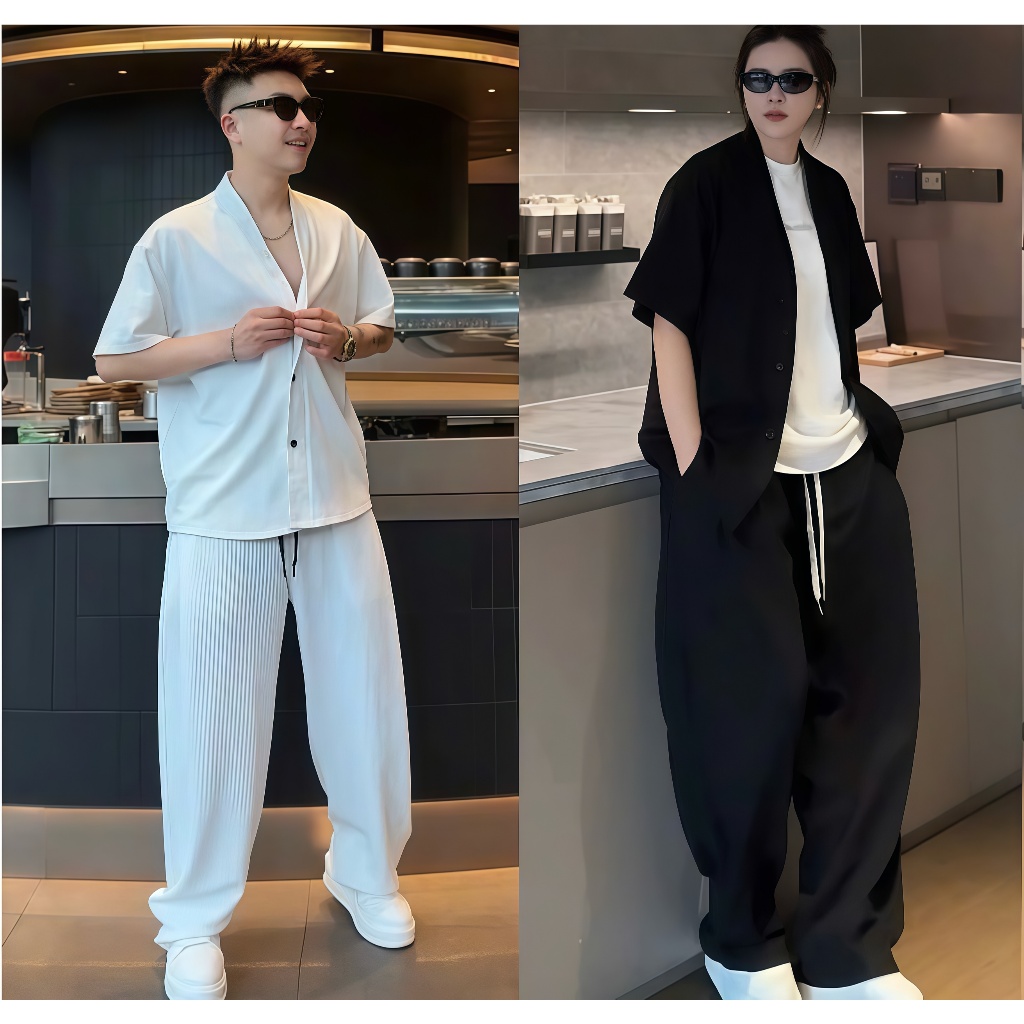 Set Áo Sơ Mi Cộc Tay & Quần Dài Nam Nữ Unisex Cotton Gân Cao Cấp Cổ Hàn Trẻ Trung Dễ Mặc B12