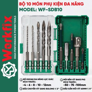 Bộ 10 phụ kiện đa năng Workfix, 5 mũi khoan, 3 mũi vít, đầu nối dài vít và chuyển vít sang bulong