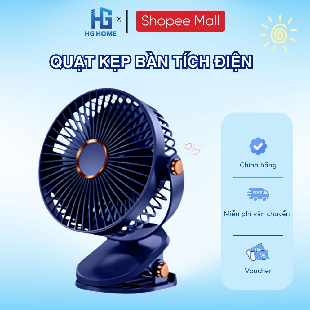 Quạt Kẹp Bàn Tích Điện HGHOME 5 Chế Độ Gió Siêu Mát, Xoay 360 Độ Tích Hợp Sạc USB Tiện Lợi