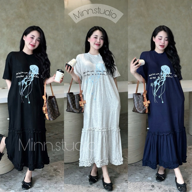 [Minn.studio] Váy Cotton in Sứa phối chân bèo tầng. Váy suông rộng chất mềm mát