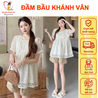 Áo bầu ren 2 lớp mềm đẹp sang chảnh - Áo bầu công sở mùa hè dáng babydoll tiểu thư mặc đi làm áo bầu xinh cổ tròn