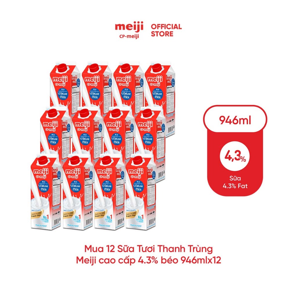   Nguyên thùng  Sữa tươi thanh trùng Meiji Nhật dòng cao cấp Deluxe 4.3% hàm lượng béo tự nhiên 946ml - Thùng 12 hộp 