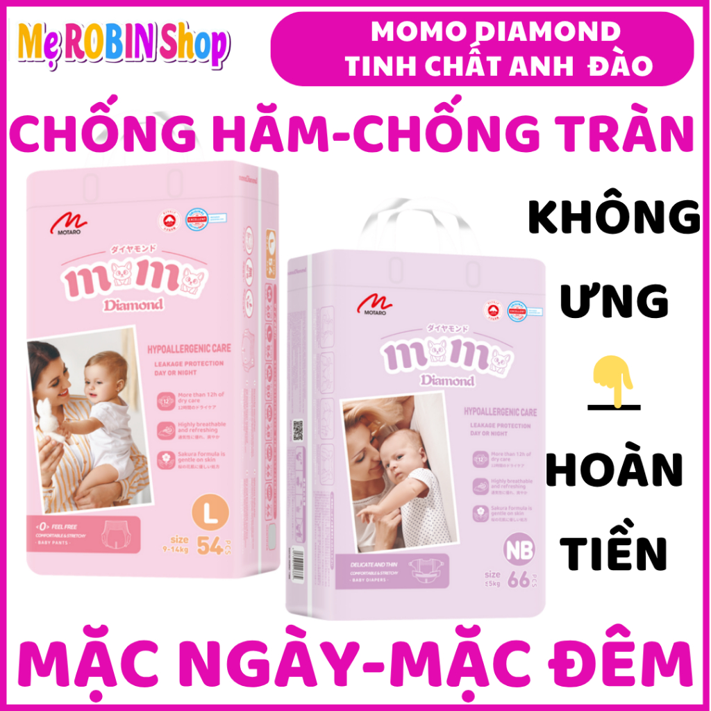 [Quà Nhỏ]COMBO 2 Bịch Bỉm Tã Dán/Quần MOMO DIAMOND Hoa Anh Đào Cao Cấp(Đủ Size)